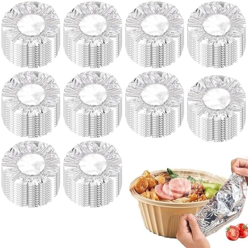 Sacchetti Alluminio per Alimenti, 100PCS Cuffie Copri Cibo, Cuffie Copri Alimenti Riutilizzabili con Elastico, Copri Vivande, Coperchi per Ciotole, Piatti e Contenitori (Argento)