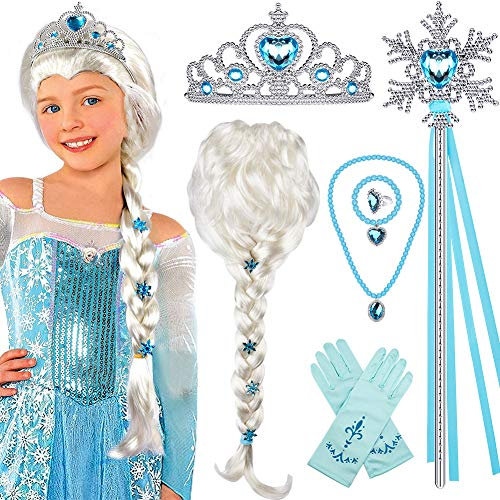 Tacobear Prinzessin ELSA Kostüm Zubehör Set ELSA Perücke Zopf Prinzessin Krone Zauberstab Handschuhe Halskette Armband Prinzessin Frozen Schmuck für Kinder Mädchen Karneval Halloween