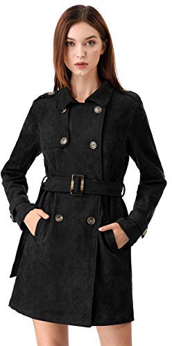 Allegra K Trench coat da donna in finta pelle scamosciata con revers doppio petto con cinturaNero S