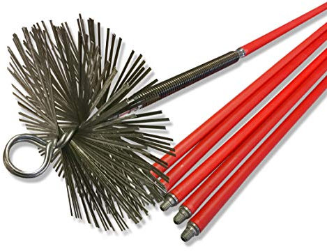 Professionelles Reinigungsset für Kamin- und Rauchkanäle | Flacher Stahlbesen | Ø 200 mm | 8,50 m | 6 Stangen | Anlauf-Feder | Metall-Endstücke | Kibros 4KIT20Ab