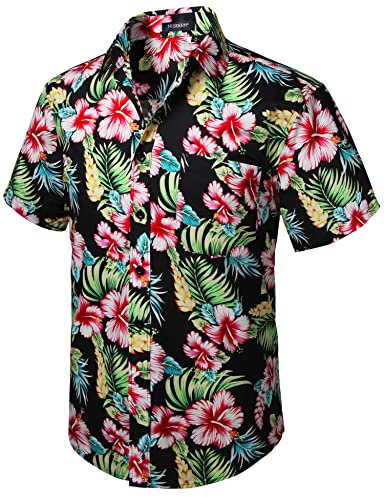 HISDERN Men Funky Hawaiian Floral Shirts Short Sleeve Front Pocket Holiday Summer Aloha Printed Beach Casual Black Pink Hawaii Flower Shirt M