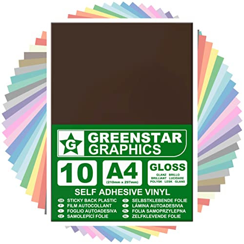 GREENSTAR GRAPHICS Glossy A4 Sticky Back Plastic SELF Adhesive Art & Craft Vinyl (10 Sheet Pack). Compatible with 12” Cricut, Silhouette Cameo/Curio/Portrait, Scan N Cut (Brown Gloss 10 A4)