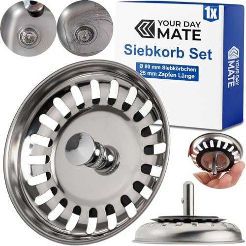 Cesto colador de fregadero, 1 unidad, Ø 80 mm, en acero inoxidable, la espiga del cesto sobresale 25 mm en el desagüe, pasador de Ø 7,8 mm, repuesto para fregaderos de cocina, filtro de desagüe cocina