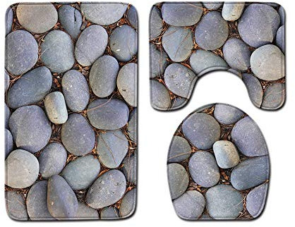 Badgarnitur Badematten Set Badezimmer Vorleger 3 Teiliges,Rutschfeste Badvorleger Badteppich WC Vorleger Duschvorleger,WC Sitz Deckel Fußmatte Matte Teppich Marmor/Kopfsteinpflaster Muster 5 50x80CM