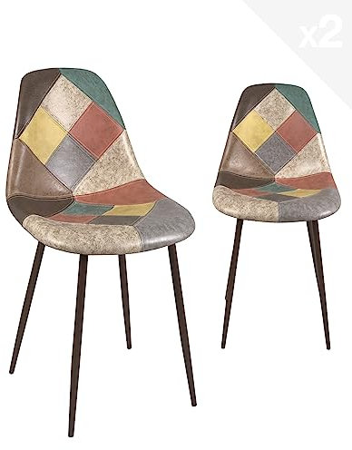 KAYELLES Lot de 2 - Chaise Patchwork mulitcolore rembourrée Salon Salle à Manger, Pieds métal Ton Bois foncé Nova