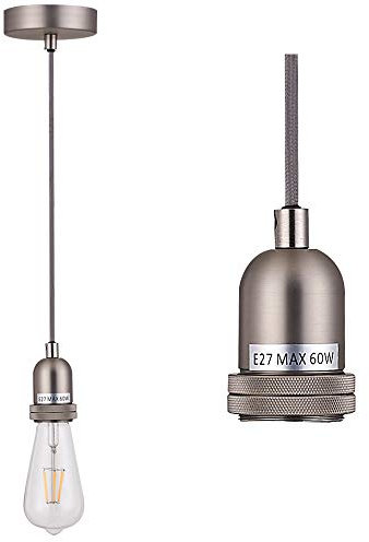 SHINY STAR Pendant Fitting Satin Nickle Ceiling Light Fitting, Vintage Metal Ceiling Rose with Braided Flex Cable and Metal E27 Lamp Holder KIT Accessary HT201SN