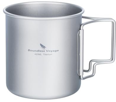 Boundless Voyage Taza de titanio de 420 ml con mango plegable ultraligera de titanio, taza de café, utensilios de cocina para mochileros al aire libre, d-ti3024d