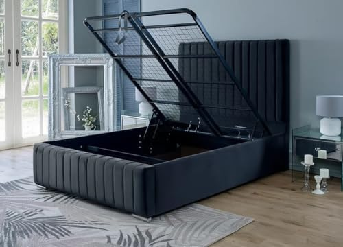 Ottoman Bed Double| 4.6ft Double Storage Bed with Gas Lift Up Heavy Duty Mesh Frame, Upholstered Base and Headboard (Black)