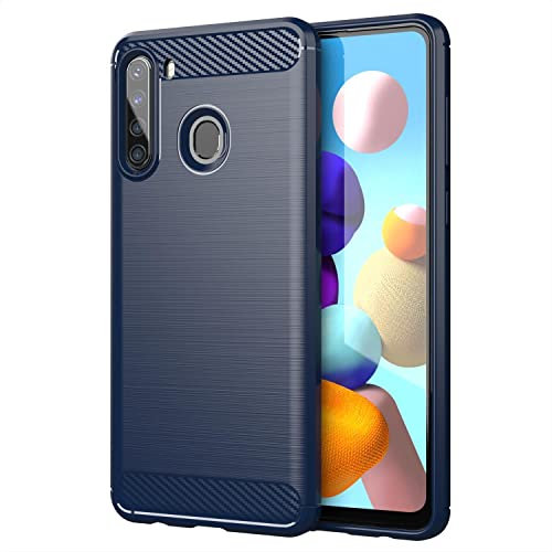 Cadorabo Hülle kompatibel mit Samsung Galaxy A21 Schutzhülle TPU Silikon Case Karbon Optik Slim Kratzfest Weiche Gummi mit Rundumschutz Case Hülle für Galaxy A21 in Blau