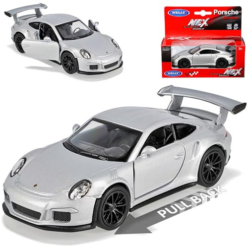 Welly Porsche 911 991 GT3 RS Coupe Silber 2011-2018 mit Rückzugsmotor ca 1/43 1/36-1/46 Modell Auto