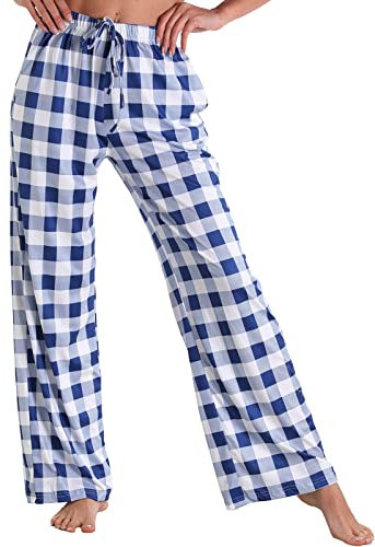 Nanxson Pantalon de pyjama à carreaux pour femme avec cordon de serrage et bas de pyjama doux et léger avec poches(M,bleu blanc tartan)