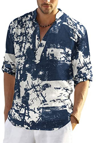 COOFANDY Men's Cotton Linen Henley T-Shirts Long Sleeve Hippie Casual Beach T-Shirts, Navy Tie-dye, Medium