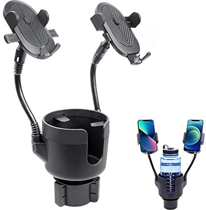 JINKEY Dual Cup Holder Phone Mount for Car，2-in-1 Adjustable Gooseneck Cradle with 360° Rotation Heavy Duty Universal Automobile Stand for Most 4-6.7 i-Phone Mobile-Phone Holder