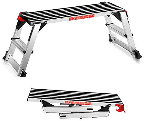 TANGZON Folding Aluminium Hop Up Work Platform, Step Up Bench Ladder Stool with Safety Locks, Anti-Skid Top & Pads, 150KG Capacity Platform Stool Bench for Washing Vehicles Windows (128 x 53 x 49cm)