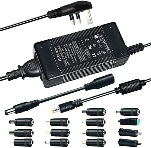 12V 5A 60W Power Supply Adapter, AC100-240V to DC12V 60W Converter Adapter Driver Transformer with 14 DC Tips, 5.5mm x 2.1mm DC Plug for CCTV Camera, LED Strip Lights, LCD Monitors