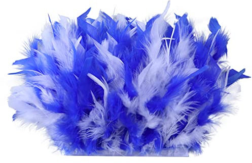 2M Türkei Federn Fringe Trim,Truthahnfedern mit Satinband Natürlichen Feder Fransen für DIY Tuch Kleid nähen Handwerk Weihnachten kostüme Dekoration Halloween Federband Bastelzubehör,Blau + Weiß