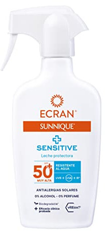 Ecran Sunnique Sonnenmilch LSF 50+ Sensitive in Spray, sehr hoher UVA-, UVB- und IR-A-Schutz, sonnenallergisch, wasserdicht, sehr helle und sonnenunverträgliche Haut, 270 ml