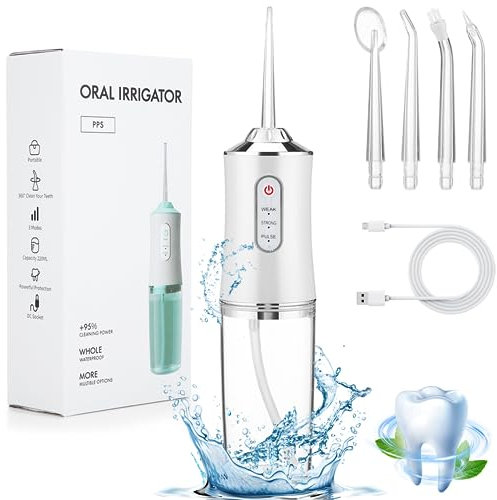 Water Flosser Cordless, Oral Irrigator Portable Dental Teeth Cleaner with 5 Jet Tips, 3 Modes IPX7 Waterproof 220ML Water Flosser, USB Recharged Use for Travel (White)