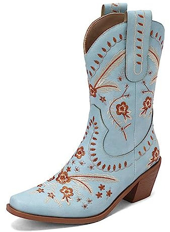 CRETUAO Stivali da Cowgirl Ricamati da Donna,Stivali Western con Tacco Basso e Grosso Floreale Classico,Stivali da Sposa a metà Polpaccio con Punta a Punta Larga,Blu,41 EU