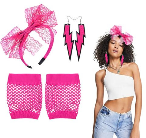 80er Jahre Kostüm Sets, 80er Jahre Retro Party Kostüm Set, 80er Jahre Accessoires, Netzhandschuhe 80er, Netzhandschuhe Neon, 90s Haarschmuck, 80er Assesoires Damen, Pinke Netzhandschuhe (Rose Rot)