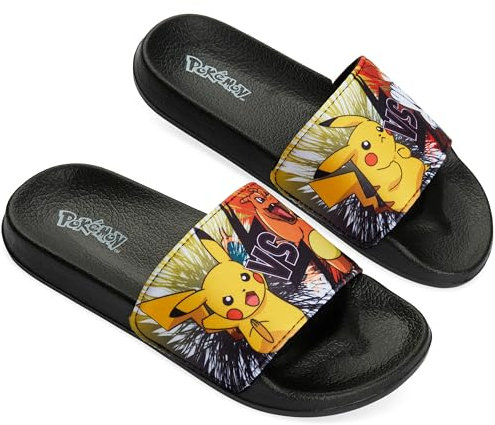 Pokemon Pantoletten Kinder Schlappen, Sandalen für Strand, Schwimmbad - Geschenke für Jungs (Schwarz/Orange, 32 EU)