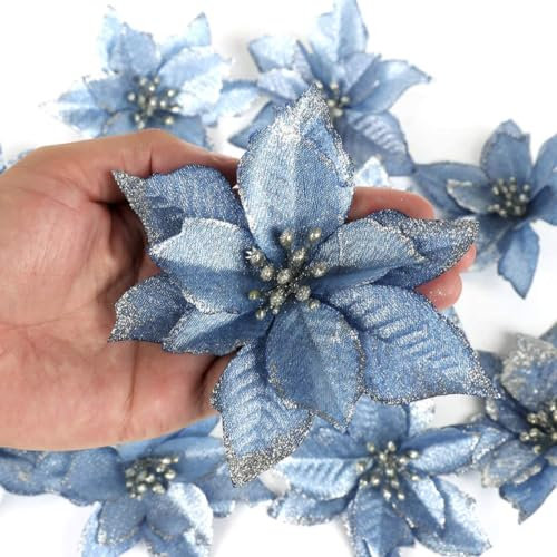 Poinsettie Fiori di Natale artificiali, 10 pezzi 13 cm/5,1 pollici Ornamenti per alberi di Natale artificiale, decorazione di fiori glitter per albero di Natale (blu)
