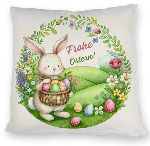 speecheese Osterhase Kissen mit Spruch Frohe Ostern Niedlicher Korb voll bunter Eier Idyllische grüne Wiese Blumen Frühlingsdeko OsterKissen