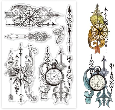 GLOBLELAND Vintage Pfeil Kompass Klare Stempel Für Kartenherstellung, Retro Federuhr, Klare Stempelsiegel, Transparente Stempel Für DIY, Scrapbooking, Fotoalbum, Tagebuch, Heimdekoration