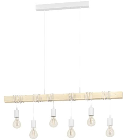 EGLO Pendellampe Townshend, 6 flammige Vintage Pendelleuchte im Industrial Design, Retro Hängelampe aus Stahl und Holz, Farbe Weiß, braun, FSC Zertifiziert, E27