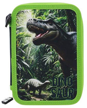 SCOOLSTAR Federmäppchen 3 Kammer 3 Zip Dino Dinosaurier Motiv Schule Kindergarten gefüllt 42 teilig