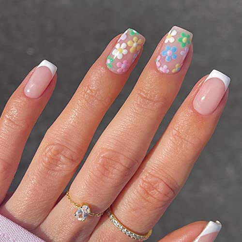 French False Nails Short, 24Pcs Press on Nails with Flower Pattern, Colored Floral Fake Nails Short with Nail Glue, Stick on Nails for Women, Nails Fake Nail for Nails Art