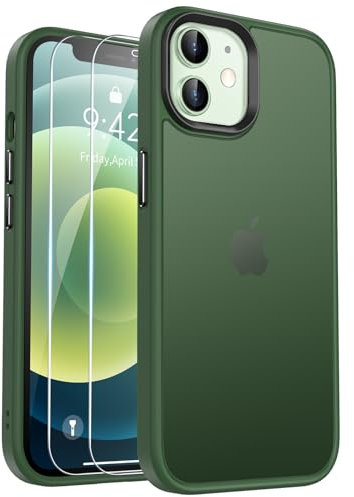 Kmofizle Matte Phone Case for iPhone 12 / iPhone 12 Pro Case and 2X HD Screen Protector, Shockproof Military Grade Drop Protection, Frosted Translucent Back Phone Cover, Anti-Fingerprint, Green