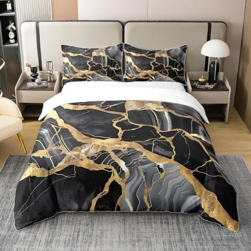 Homewish 100% Cotton Black Gold Grey Marble Comforter Cover Super King,Gradient Texture Duvet Cover for Kids Teens Adult,Golden Foil Print Bedding Set,Modern Abstract Bedspread Cover Room Decor
