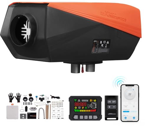maXpeedingrods Riscaldatore a Gasolio 5KW 12V, Riscaldatore Diesel Funzionamento Silenzioso, Cinebasto con Bluetooth App e Telecomando, 0,16-0,48 L/H Basso Consumo per Camper Auto Camion Veicoli