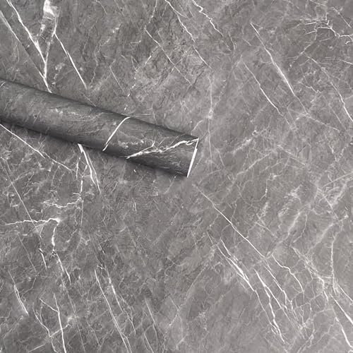 Mejale Furniture Film Self-Adhesive Marble Film, Marble Dark Grey Adhesive Film Furniture Waterproof Wallpaper PVC Furniture Sticker for Furniture DIY Kitchen Windowsill Cabinet 45 cm x 2 m