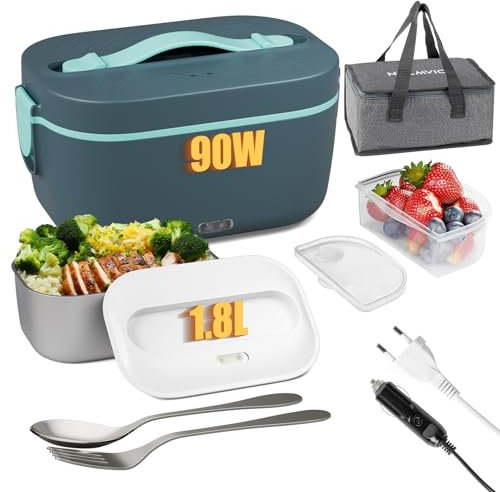 Nulmvic Gamelle Chauffante Électrique 1,8L 90W: Lunch Box Chauffante Électrique 12V/ 24V/ 220V Boîte Chauffante Repas 304 Acier Inoxydable pour Voiture Camion Bureau