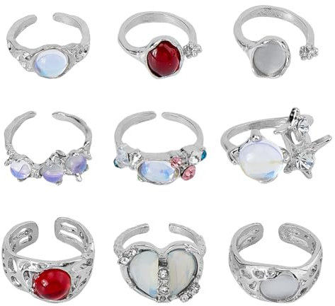 UNICRAFTALE 9 Stück Y2k Ringe Unregelmäßig Verstellbarer Offener Ring Kristall Stapelbare Ringe Öffnung Metall Manschettenringe Verlobungsring Valentinstag Hochzeitsgeschenke Für Frauen Bräute