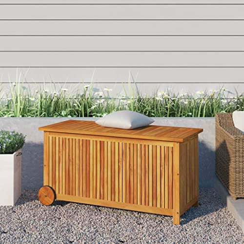 prissent Gartentruhe mit Rollen 113x50x58 cm Massivholz Akazie Gartenbox Holz Storage Boxes Sitzbank Outdoor Holzkiste mit Rollen mit Rollen Holz Auflagenbox Holz
