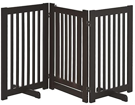 PawHut Barrera para Perros de Madera 155x76 cm Valla para Mascotas Plegable de 3 Paneles con 1 Puerta y Patas de Apoyo para Pasillo Escalera Café