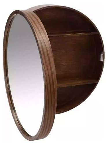 Moderner Badezimmer-Spiegelschrank mit Klapptür, Wandmontage, Aufbewahrungseinheit für Deko- und Kosmetikspiegel, runder Hängeschrank in Braun (70 cm)