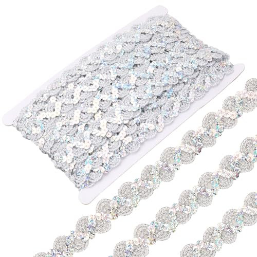CABODYALS 10.97m Silberne Pailettenband Flache Paillettenbandbesatz Paillettenbesätze Glitzernde Bänder Gewelltes Band Geschenkpapierbänder Mit Draht Zum Nähen Herstellen von Weihnachtsdekoratione