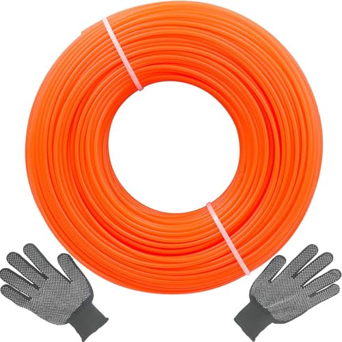 FZYESNO Rasentrimmer Faden, 1,6 mm Durchmesser Trimmerfaden (Rund), 100 m Mähfaden, Freischneider Faden (Orange), Motorsense Faden aus Nylon, Faden für Motorsense [Enthält ein Paar Handschuhe]