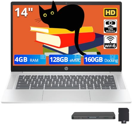 HP Laptop antirreflejos HD de 14 Pulgadas, procesador Intel N200, LPDDR5 de 4 GB, Almacenamiento de 288 GB (128 GB eMMC+160 GB de estación de Acoplamiento), gráficos Intel UHD, Wi-Fi 6, cámara Web,