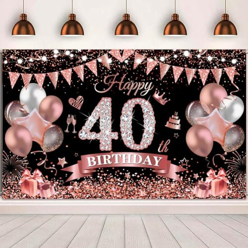 40.Geburtstag Banner Roségold Schwarz Deko 40. Geburtstag Frauen 40 Hintergrund Banner 40 Jahre geburtstagsbanner für 40 Frauen Geburtstag Party Deko