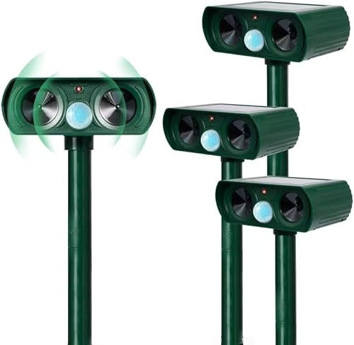 4pk Solar Ultrasonic Animal Repellent Defender Cat, Dog, Squirrel, Deer, Fox, Outdoor Animal Deterrent with Motion Sensor and Led Light Alarm, Protect Yards, Lawn Gardens