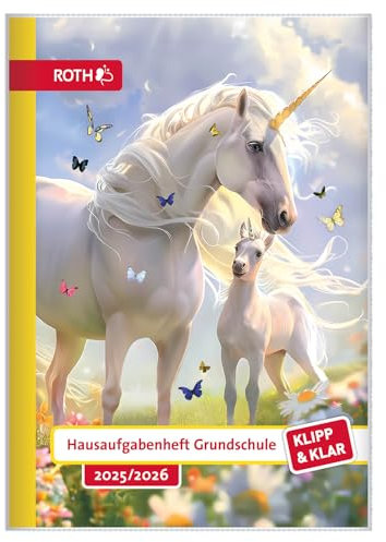 ROTH Klipp&Klar Grundschul-Aufgabenheft mit Tagesfarben und Kalendarium 2025/2026, A5, 1 Woche 2 Seiten, Einhornwiese