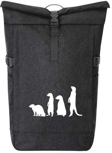 Huuraa Kurierrucksack Erdmännchen Silhouette Geschenk | 30-44 Liter Backpack Black Melange Fairtrade Rolltop Rucksack Geschenkidee Schwarzer Laptop-Rucksack passend für 17-Zoll