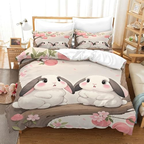 EMYXPAQM Duvet Cover Set Lop Rabbit Peach Tree 3D Printed Cosy Bedding Set - Soft Microfiber with Hidden Zipper & Pillowcases for Kids/Boys/Teens Super King（260x220cm）