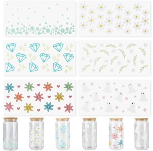 SOFPLATE 6 hoja de 6 estilos de Pegatinas para Vasos de Vidrio Calcomanías UV DTF para Vasos Etiquetas Decorativas de Transferencia Impermeables de Plástico con Diseño de Hojas Y Flores de Puntos de C