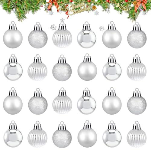 Forbabe 24 Stück Silber Weihnachtskugeln Set 3 cm Mini Christbaumkugeln mit Aufhängeöse Matt Glitzernd Weihnachtsbaumschmuck aus Kunststoff Weihnachtsschmuck Deko für Drinnen & Draußen
